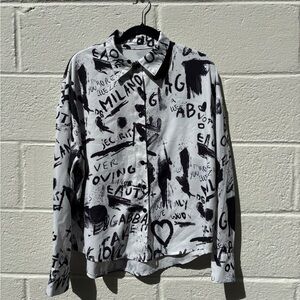 Women's Graffiti Print Button Front Blouse | Black & White | Size M